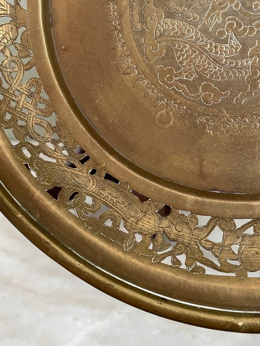 Vintage Solid Brass Dragon Decorative Plate | Engraved Pierced Openwork Rim